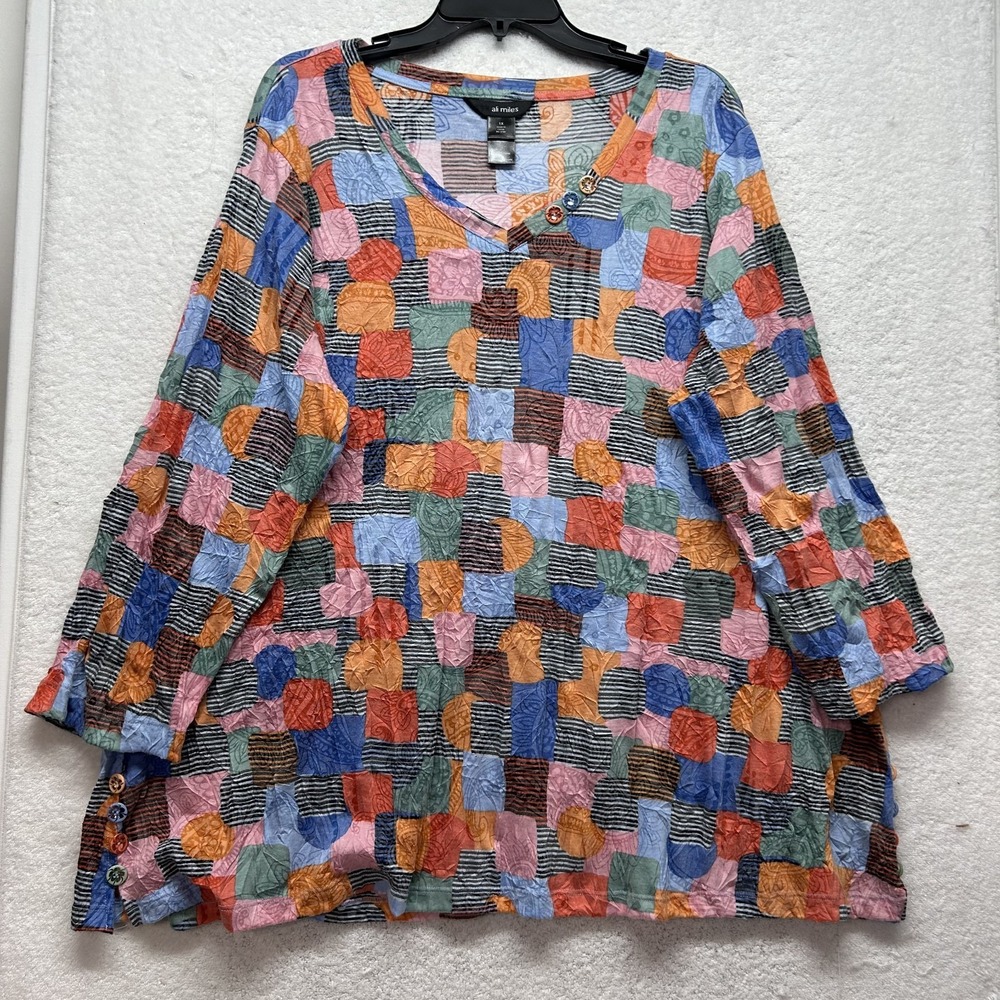 Ali Miles Womens Size 1X Multicolored 3/4 Sleeve Patchwork Blouse Top (T2)